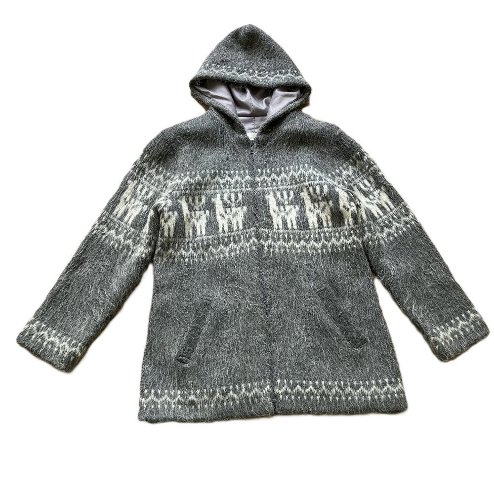 Vintage Lama Knits Zip Up Hooded Knit Jacket Grey Heather Alpaca Motif 80s